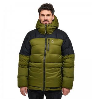 Men's Haglöfs Riksgränsen Down 850 Hood Insulated Jackets Olive Green / Black Canada | PK64-316