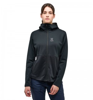 Women's Haglöfs Lark Mid Hood Fleece Jackets Black Canada | XH68-169