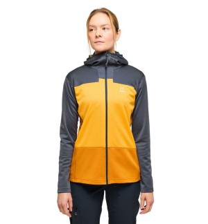 Women's Haglöfs ROC Flash Mid Hood Fleece Jackets Magnetite / Yellow Canada | AI77-583