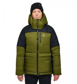 Women's Haglöfs Riksgränsen Down 850 Hood Insulated Jackets Olive Green / Black Canada | JO26-153