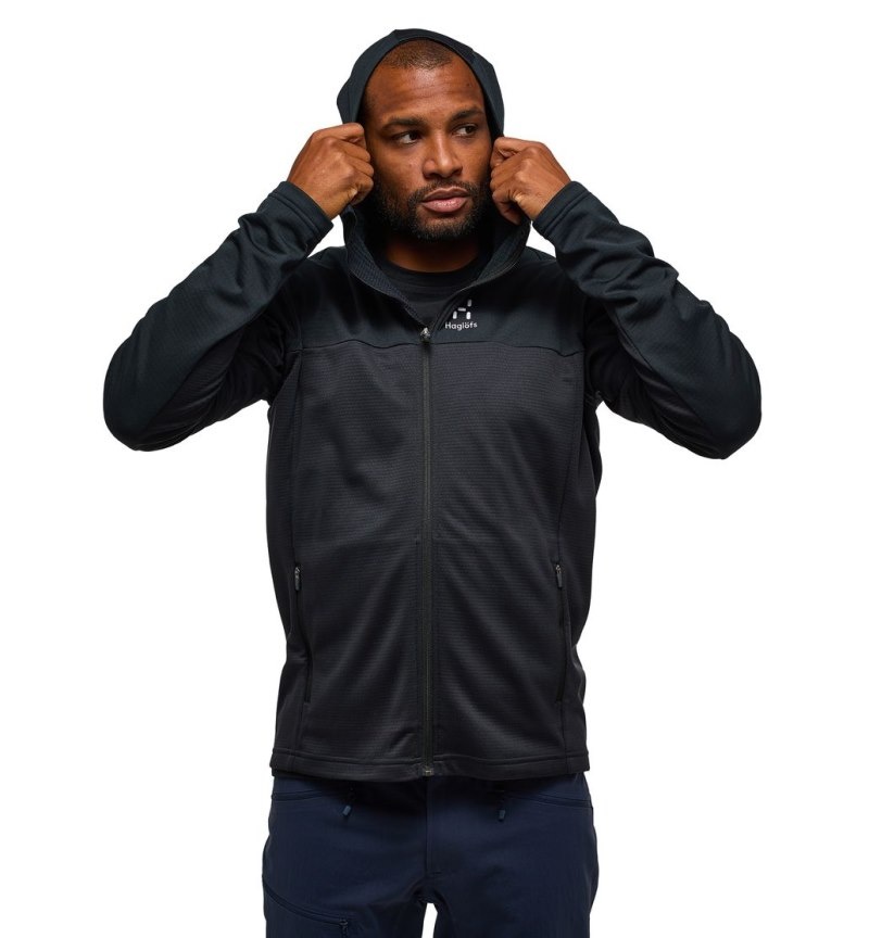 Men's Haglöfs Lark Mid Hood Fleece Jackets Black Canada | AF13-134