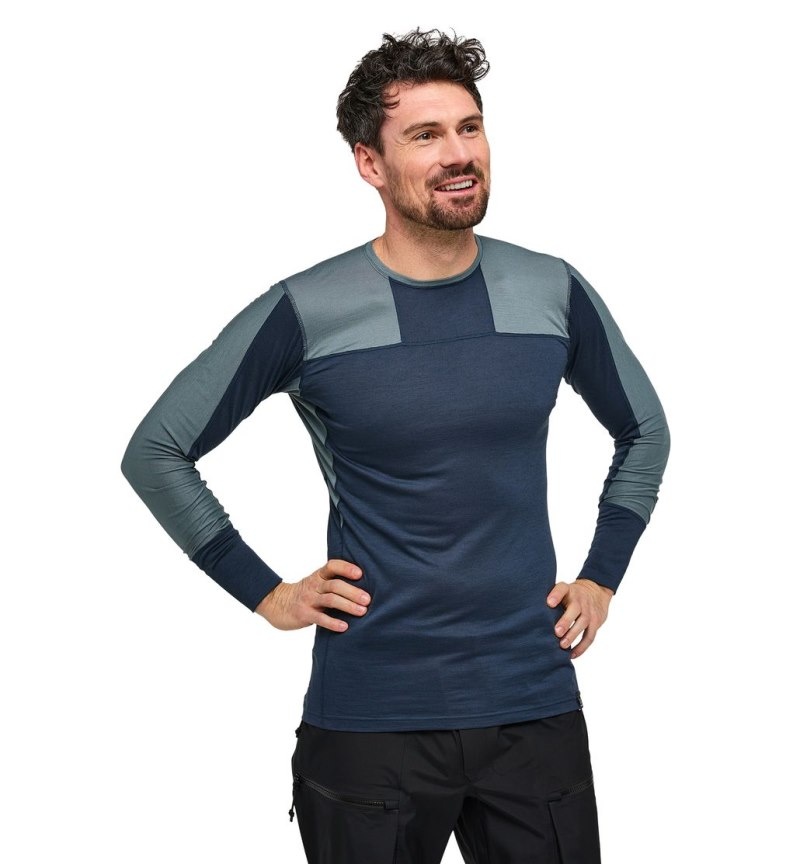 Men's Haglöfs Natural Blend Tech Crew Neck Baselayers Blue / Blue Canada | PN44-506