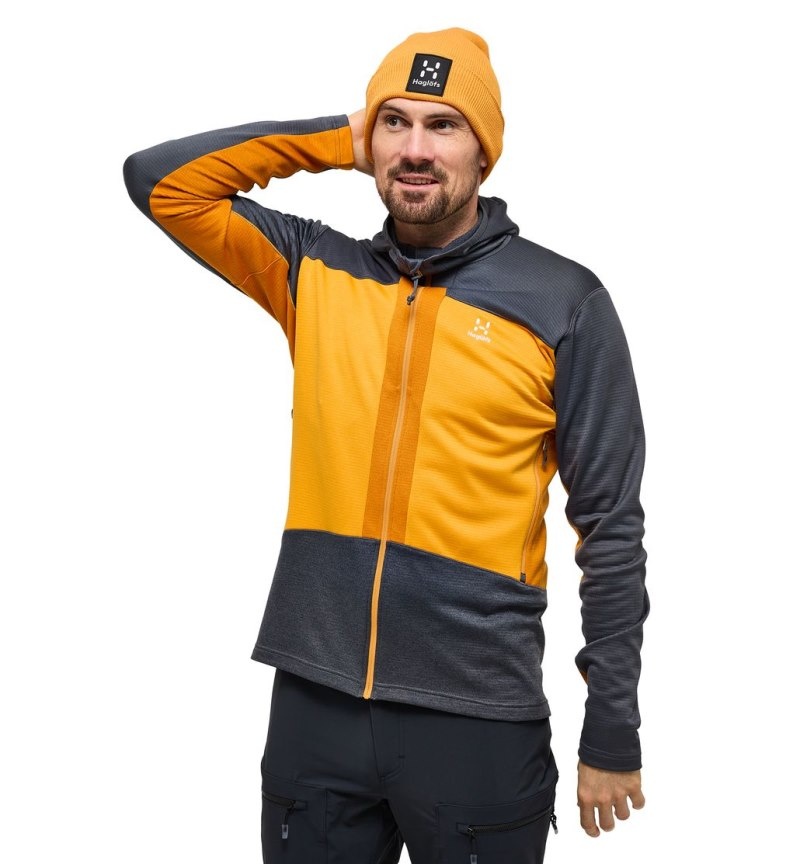 Men's Haglöfs ROC Flash Mid Hood Fleece Jackets Magnetite / Yellow Canada | FS63-962