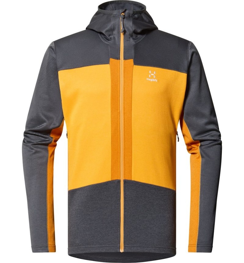 Men's Haglöfs ROC Flash Mid Hood Fleece Jackets Magnetite / Yellow Canada | FS63-962