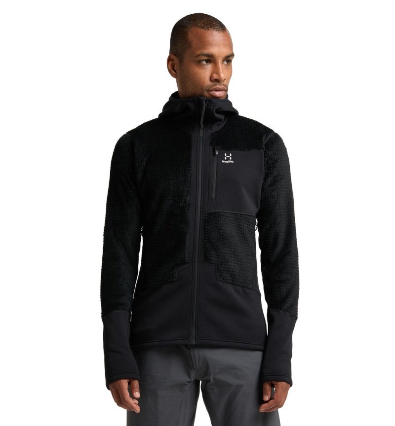 Men's Haglöfs ROC Spitz Mid Hood Fleece Jackets Black Canada | BO64-709