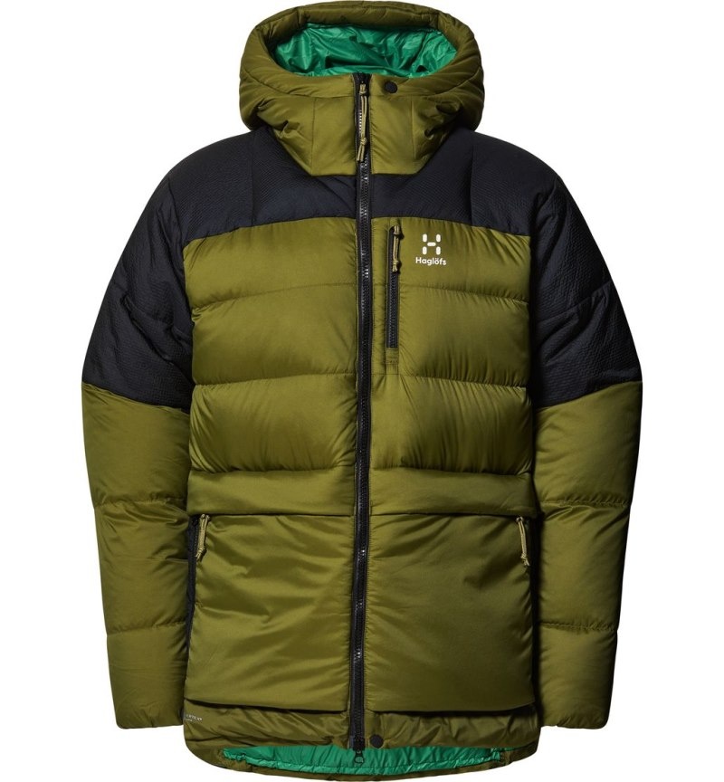 Men's Haglöfs Riksgränsen Down 850 Hood Insulated Jackets Olive Green / Black Canada | PK64-316