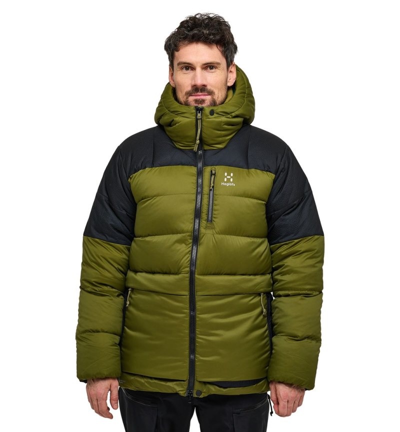 Men\'s Haglöfs Riksgränsen Down 850 Hood Insulated Jackets Olive Green / Black Canada | PK64-316