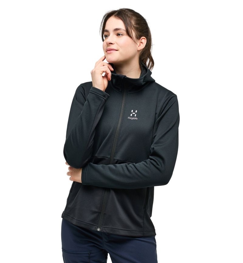 Women's Haglöfs Lark Mid Hood Fleece Jackets Black Canada | XH68-169