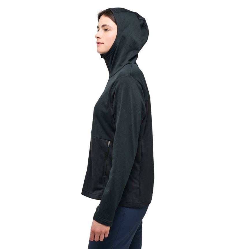 Women's Haglöfs Lark Mid Hood Fleece Jackets Black Canada | XH68-169