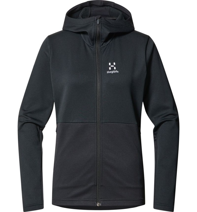 Women's Haglöfs Lark Mid Hood Fleece Jackets Black Canada | XH68-169