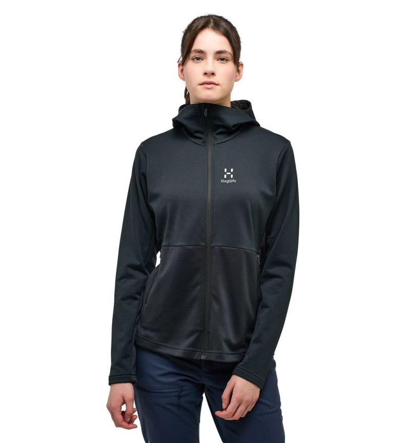 Women\'s Haglöfs Lark Mid Hood Fleece Jackets Black Canada | XH68-169