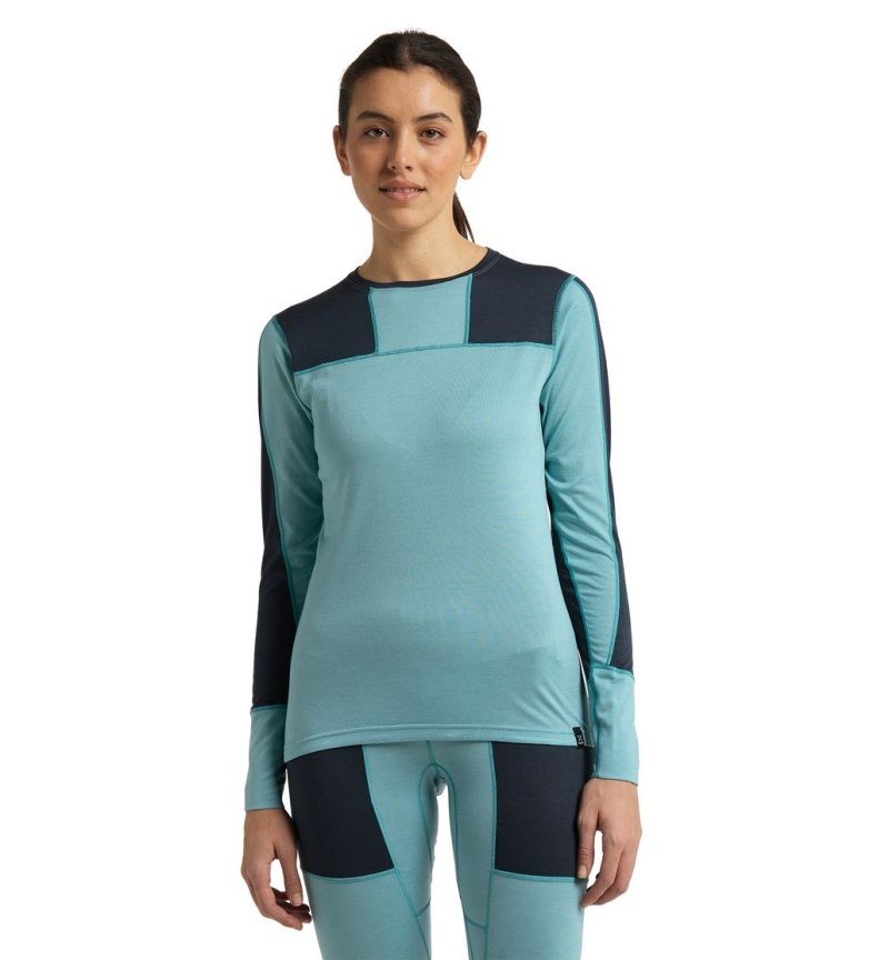 Women's Haglöfs Natural Blend Tech Crew Neck Baselayers Blue / Green Blue Canada | DB72-436