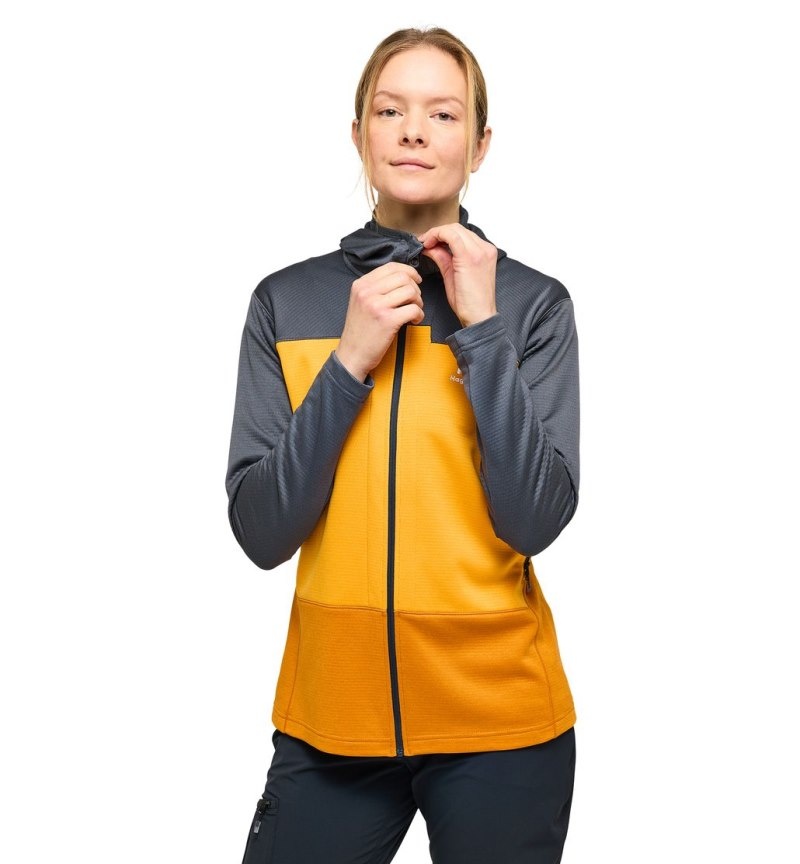 Women's Haglöfs ROC Flash Mid Hood Fleece Jackets Magnetite / Yellow Canada | AI77-583