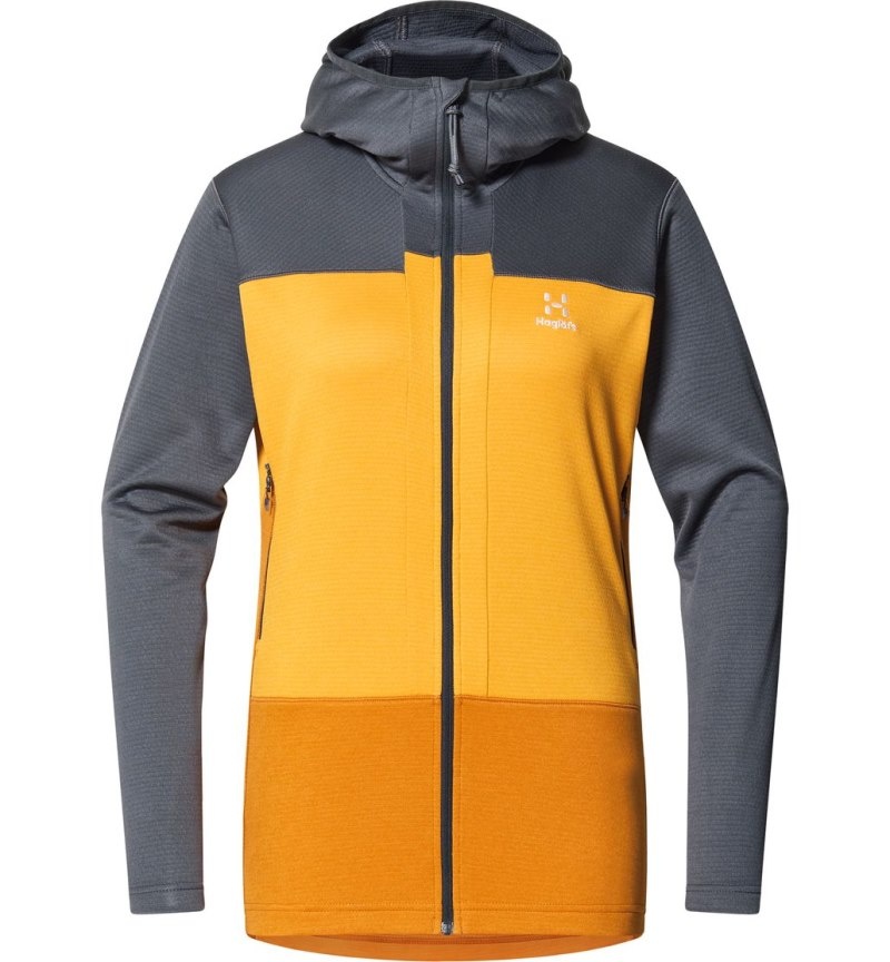 Women's Haglöfs ROC Flash Mid Hood Fleece Jackets Magnetite / Yellow Canada | AI77-583