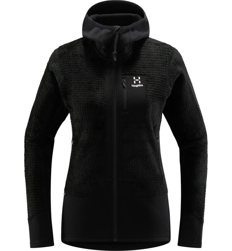 Women's Haglöfs ROC Spitz Mid Hood Fleece Jackets Black Canada | IM42-730