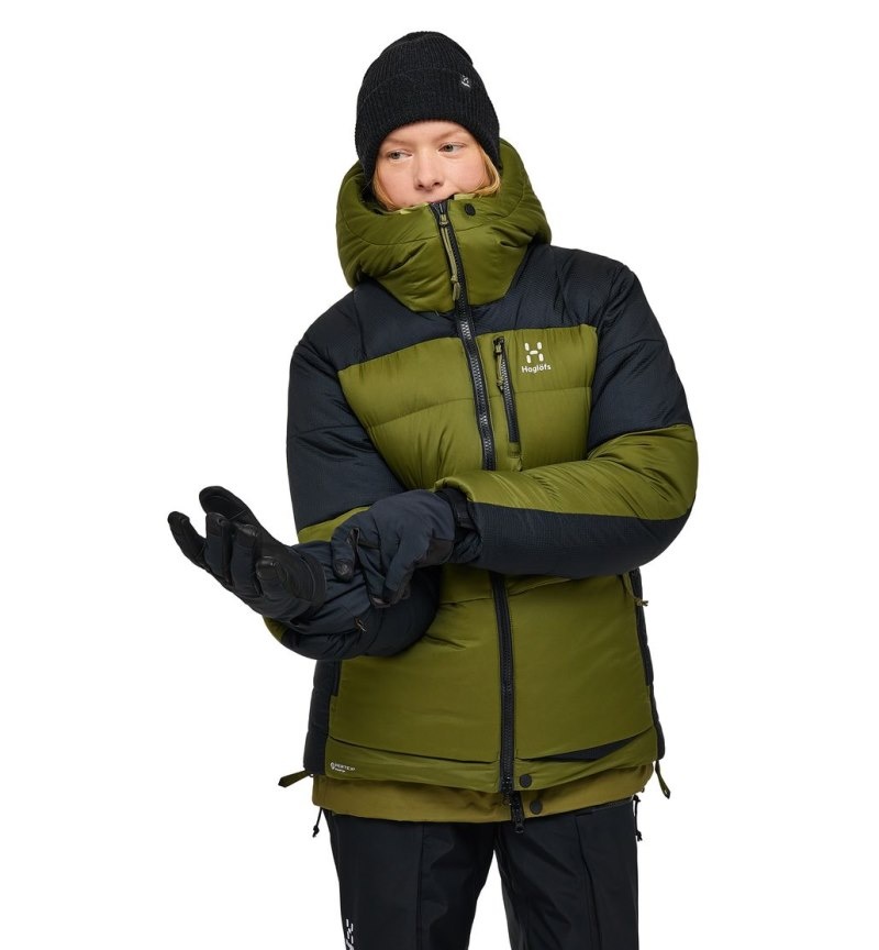 Women's Haglöfs Riksgränsen Down 850 Hood Insulated Jackets Olive Green / Black Canada | JO26-153