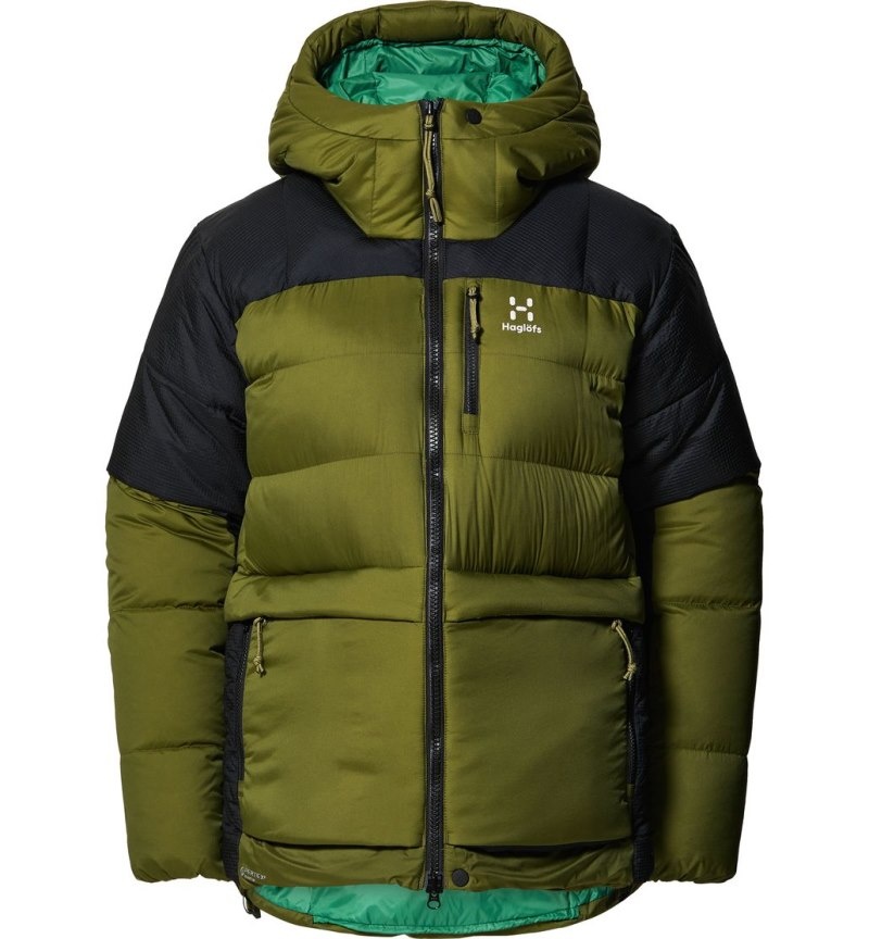 Women's Haglöfs Riksgränsen Down 850 Hood Insulated Jackets Olive Green / Black Canada | JO26-153