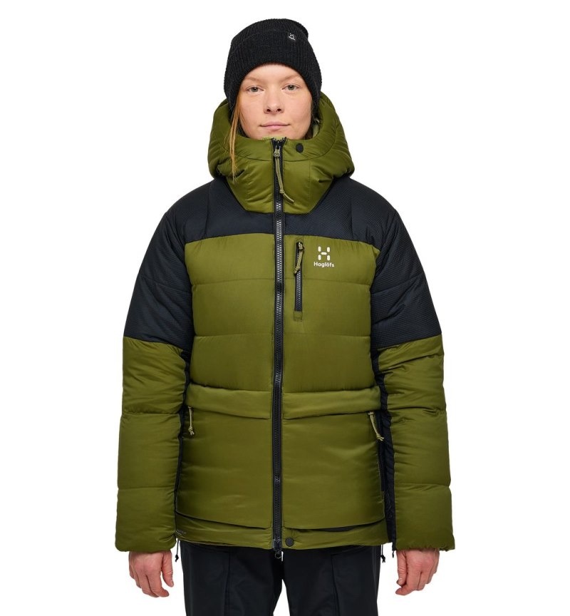 Women\'s Haglöfs Riksgränsen Down 850 Hood Insulated Jackets Olive Green / Black Canada | JO26-153