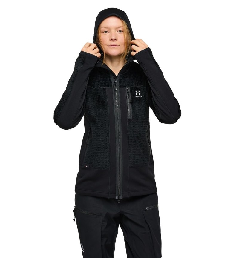 Women's Haglöfs Vassi Mid Hood Fleece Jackets Black Canada | IX73-933